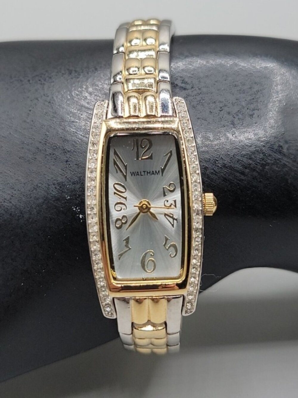 Vtg Waltham Ladies Tonneau Style Watch WAW042 Art Deco Crystal Bezel 6" 19mm